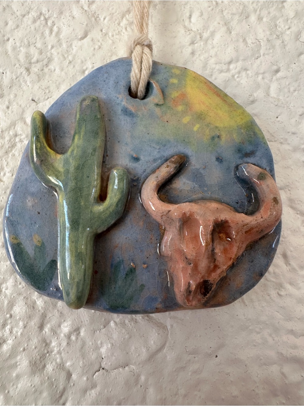 Handmade Ceramic Cactus Wall Hanging - Blue, Green, Peach